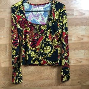 Haute Project Floral Chain Cropped Blouse with a Square Neck w/Long Slee…